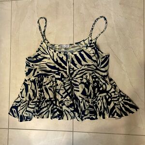 Ruffled crop top. Navy & Tan print. Braided spaghetti straps. XS